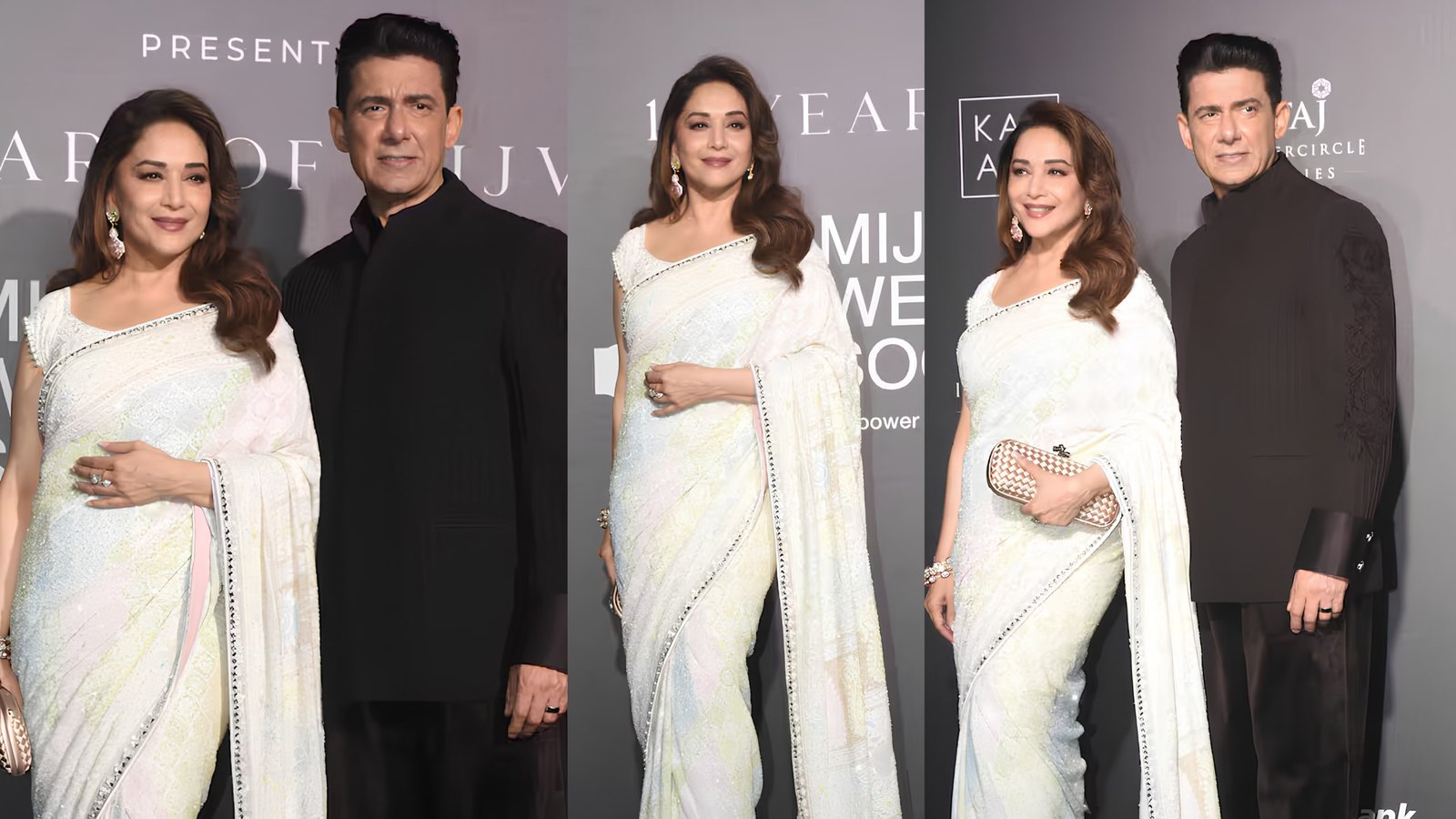 Madhuri Dixit in pastel saree with husband Sriram Nene at Mijwan show