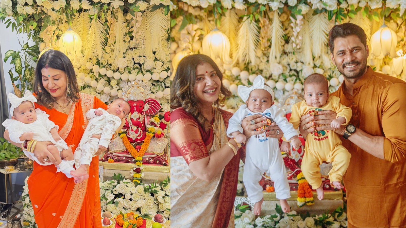 Sambhavna Seth with Avinash Dwivedi and their twins during Ganesh Puja