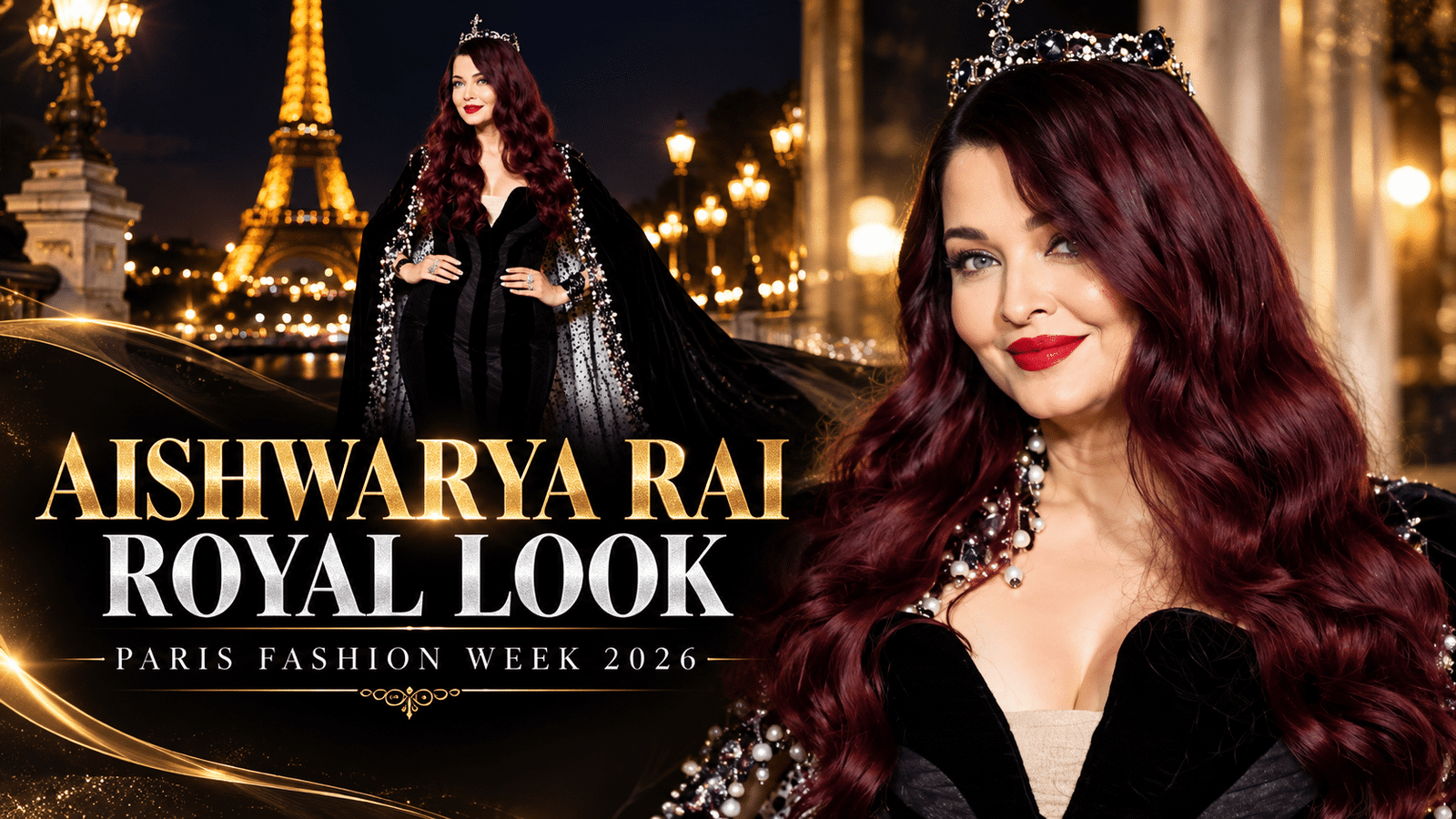 Aishwarya Rai Bachchan in black gown and crown at Paris Fashion Week 2026